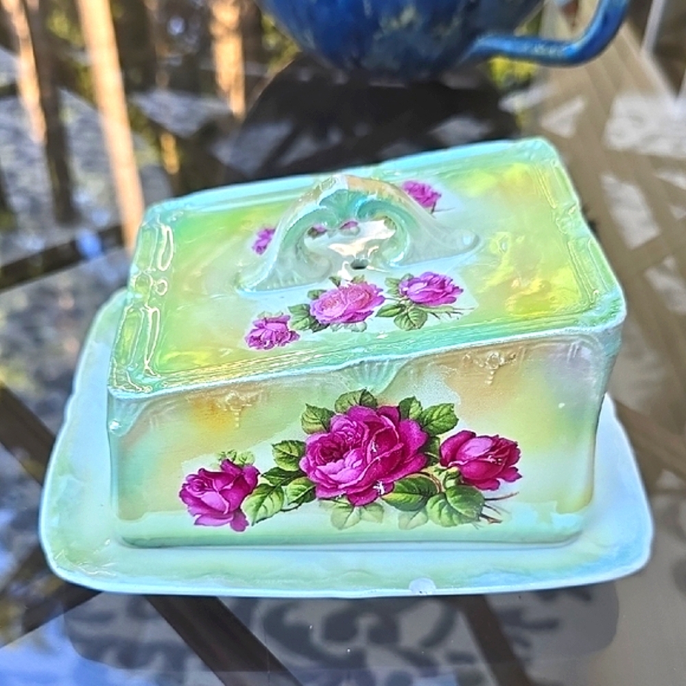 Antique Large Floral Glass Butter Dish with Lid